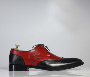 Handmade Men’s Red & Black Wing Tip Leather Shoes, Men Lace Up Dress Shoes - theleathersouq