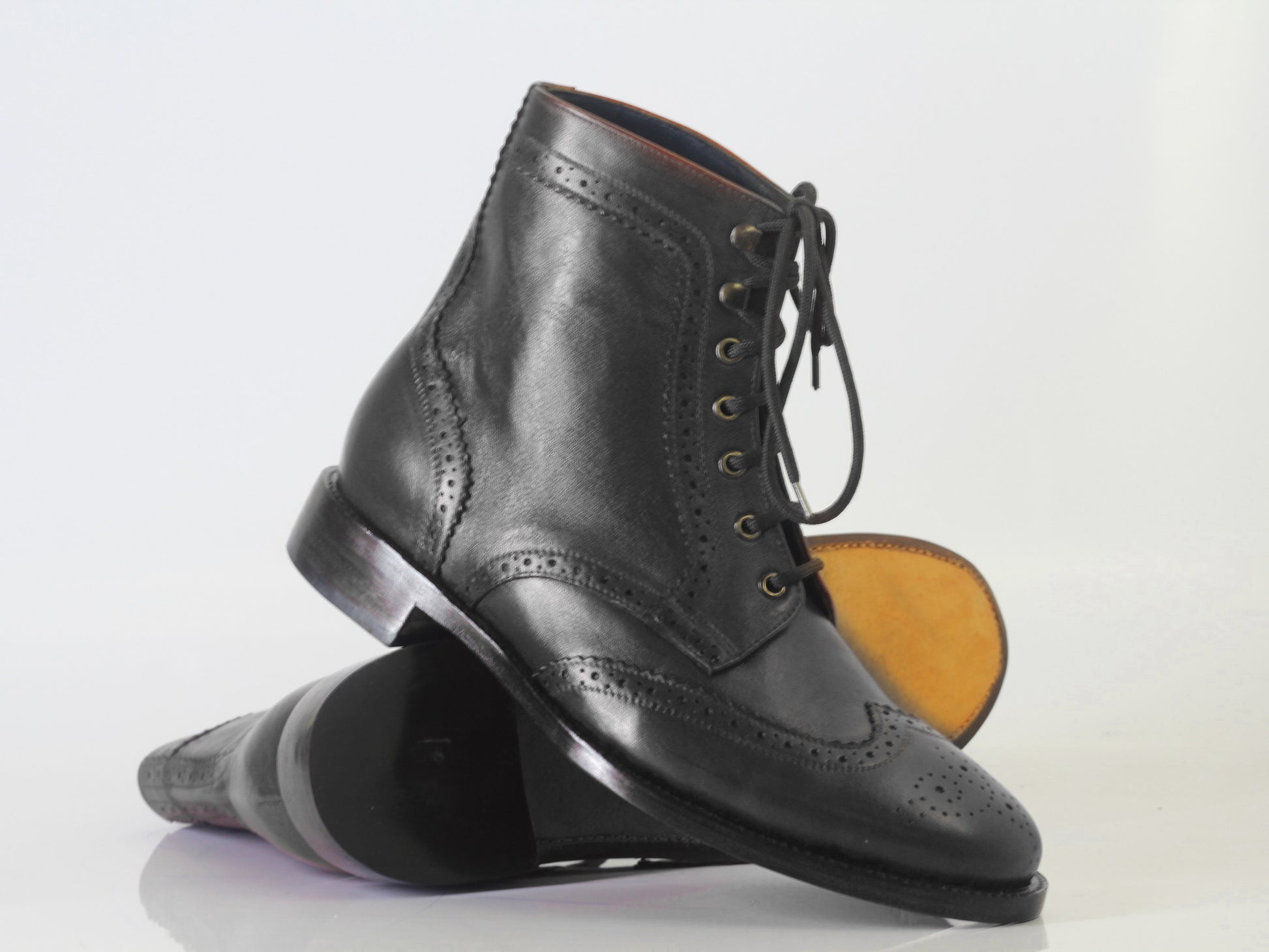 Handmade Men's Ankle High Black Leather Boots, Men Wing Tip Brogue Fashion Boots - theleathersouq