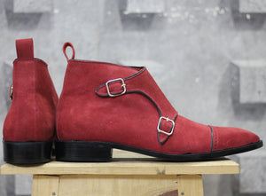 Handmade Men’s Maroon Color Suede Boots, Men Cap Toe Monk Strap Dress Boots - theleathersouq