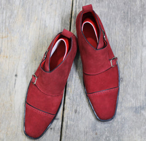Handmade Men’s Maroon Color Suede Boots, Men Cap Toe Monk Strap Dress Boots - theleathersouq