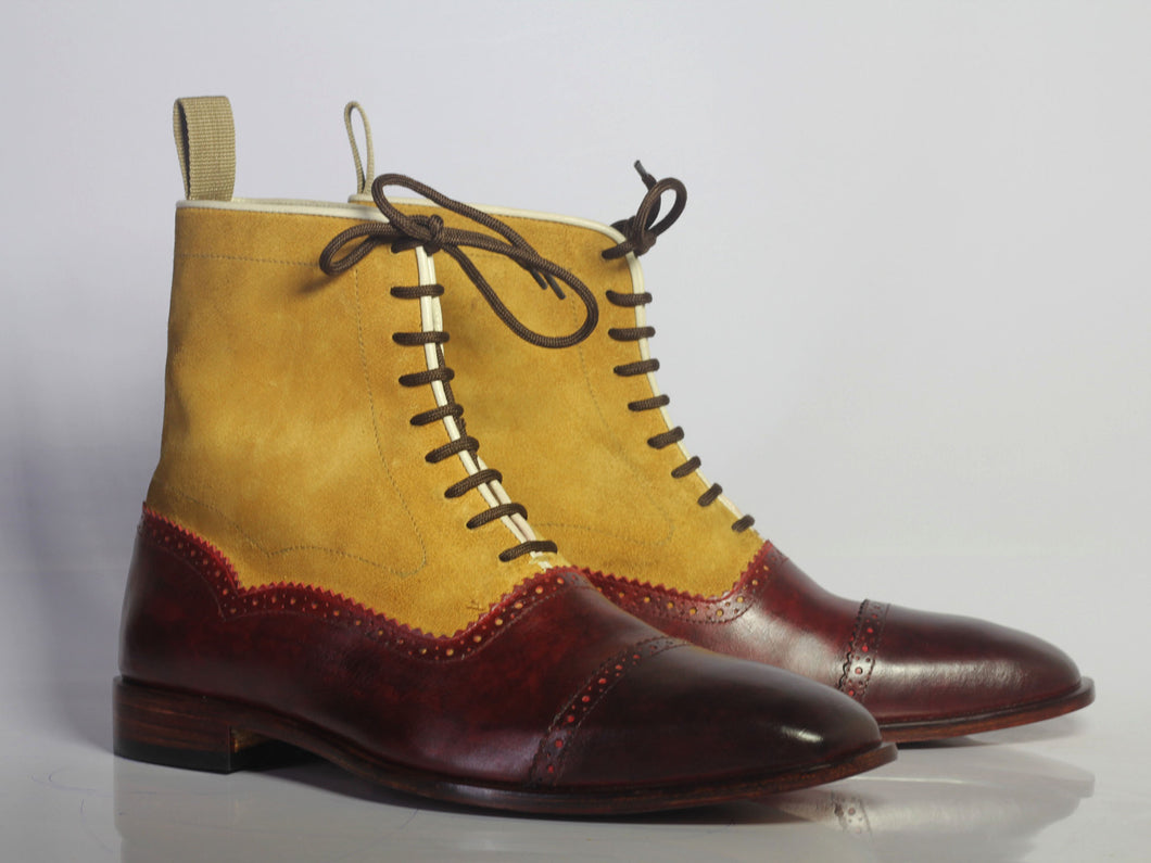 Handmade Men’s Burgundy & Tan Ankle Cap Toe Boots, Men Leather Suede Lace Up Boot - theleathersouq