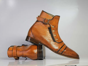 Handmade Men’s Tan Ankle High Boots, Men Cap Toe Buckle & Zipper Leather Boots - theleathersouq