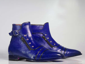 Handmade Men’s Purple Ankle High Boots, Men Cap Toe Buckle & Zipper Leather Boots - theleathersouq