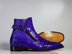 Handmade Men’s Purple Ankle High Boots, Men Cap Toe Buckle & Zipper Leather Boots - theleathersouq