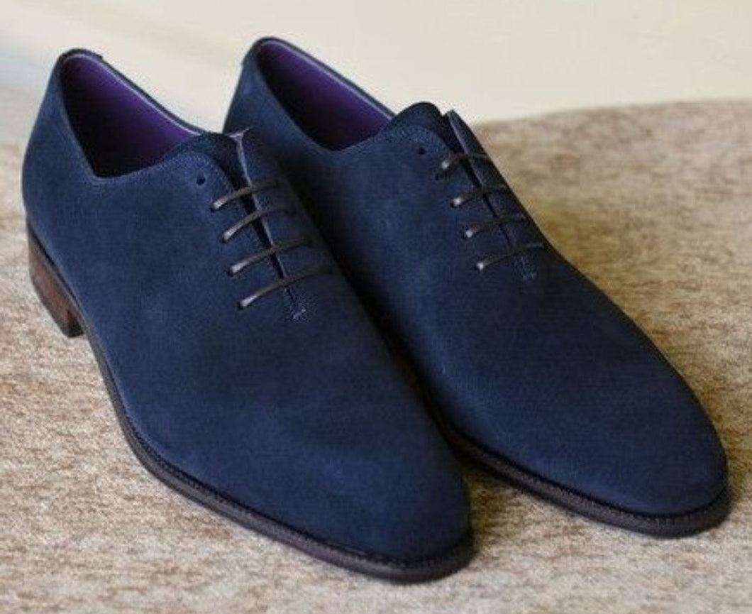 Handmade Men's Navy Blue Suede Shoes, Men Derby Lace Up Dress Formal Shoes - theleathersouq
