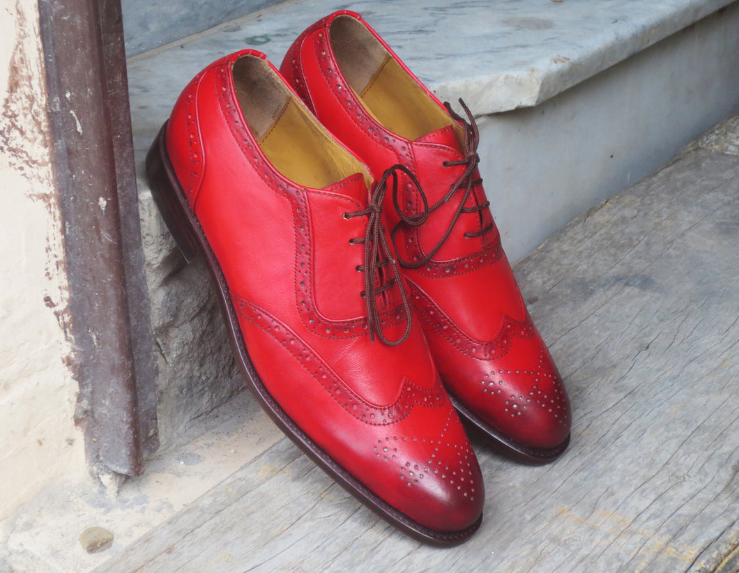 Handmade Men's Burgundy Leather Shoes, Men Wing Tip Brogue Dress Formal Shoes - theleathersouq