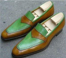 Load image into Gallery viewer, Handmade Men’s Leather Loafers Shoes, Men Green Brown Color Slip On Shoes - theleathersouq