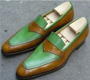 Handmade Men’s Leather Loafers Shoes, Men Green Brown Color Slip On Shoes - theleathersouq