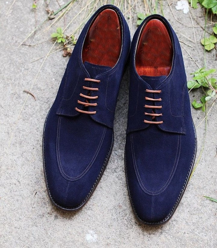 Handmade Men’s Suede Stylish Lace Up Shoes, Men’s Blue Color Split Toe Shoes - theleathersouq
