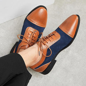 Handmade Men’s Leather Suede Shoes, Men Tan Navy Blue Cap Toe Brogue Dress Shoes - theleathersouq