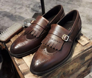 Handmade Men’s Leather Suede Monk Strap Shoes, Men Brown Wing Tip Brogue Fringe Shoes - theleathersouq