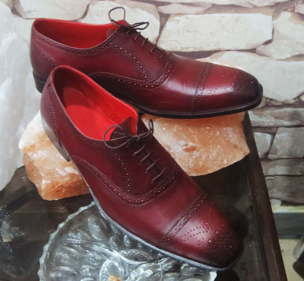 Handmade Men’s Leather Lace Up Shoes, Men’s Burgundy Cap Toe Brogue Dress Shoes - theleathersouq