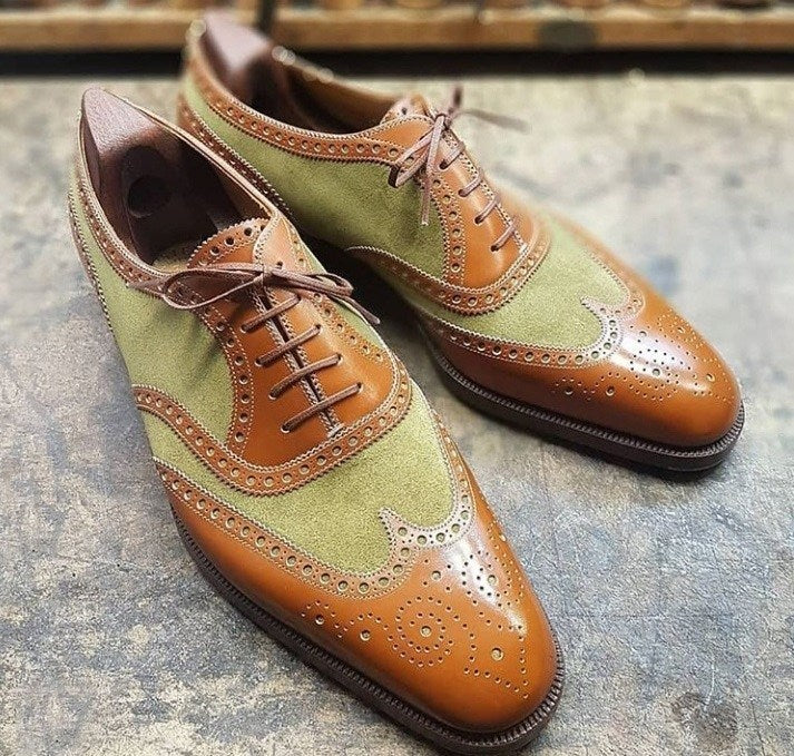Handmade Men’s Leather Suede Lace Up Shoes, Men Green Brown Wing Tip Brogue Shoes - theleathersouq