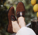 Handmade Men’s Leather Suede Loafer Shoes, Men Dark Brown Moccasin Slip On Shoes - theleathersouq