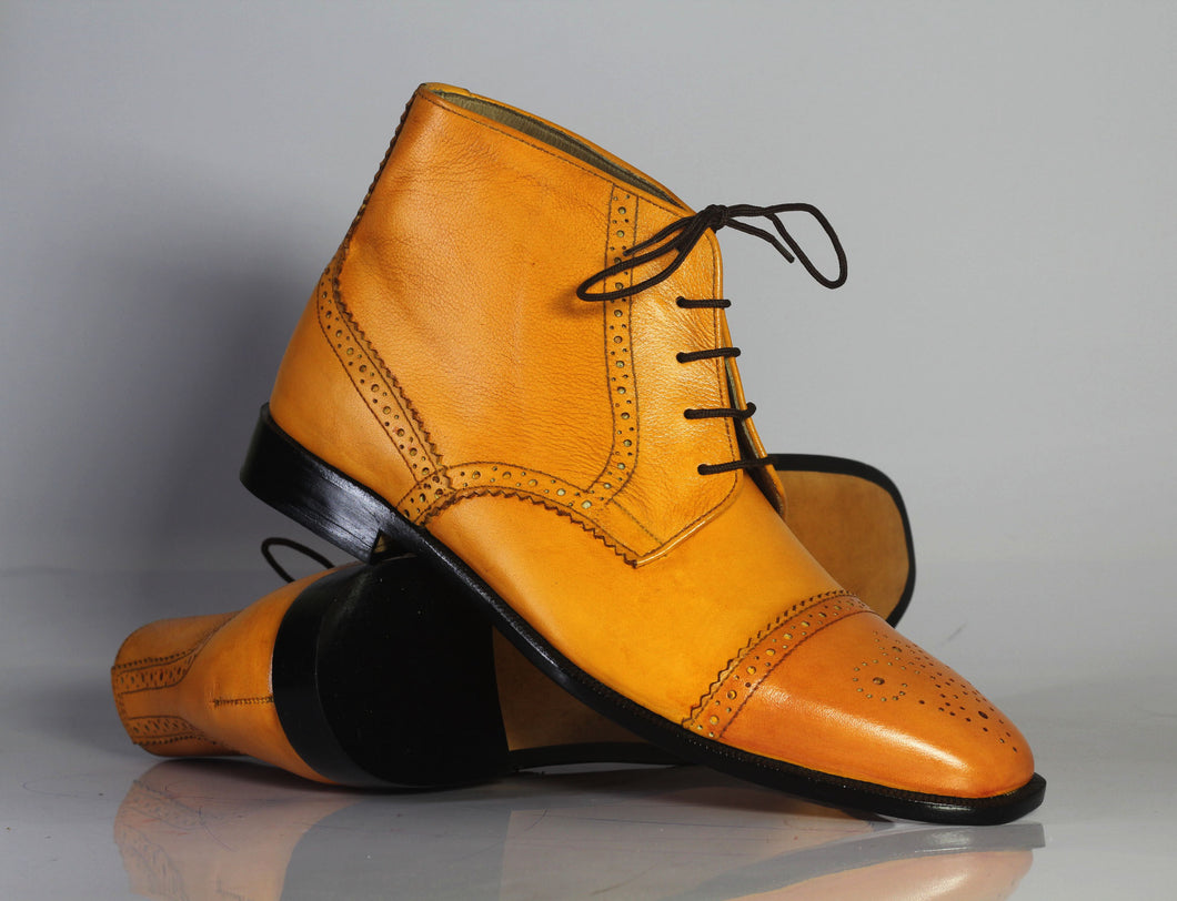 Handmade Men's Tan Leather Boots, Men Lace Up Dress Cap Toe Ankle High Boots - theleathersouq