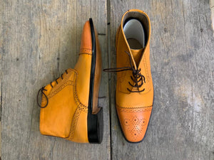 Handmade Men's Tan Leather Boots, Men Lace Up Dress Cap Toe Ankle High Boots - theleathersouq