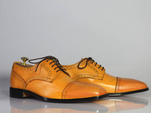 Handmade Men's Tan Leather Shoes, Men Lace Up Dress Cap Toe Brogue Dress Shoes - theleathersouq