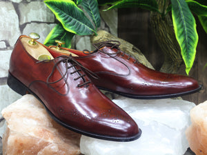 Handmade Men's Burgundy Brogue Toe Shoes, Men Stylish Leather Lace Up Dress Shoes - theleathersouq