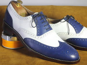 Men's Handmade Two Tone Blue White Wing Tip Brogue Pebbled Leather Formal Shoes - theleathersouq