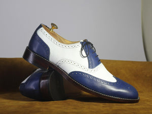 Men's Handmade Two Tone Blue White Wing Tip Brogue Pebbled Leather Formal Shoes - theleathersouq