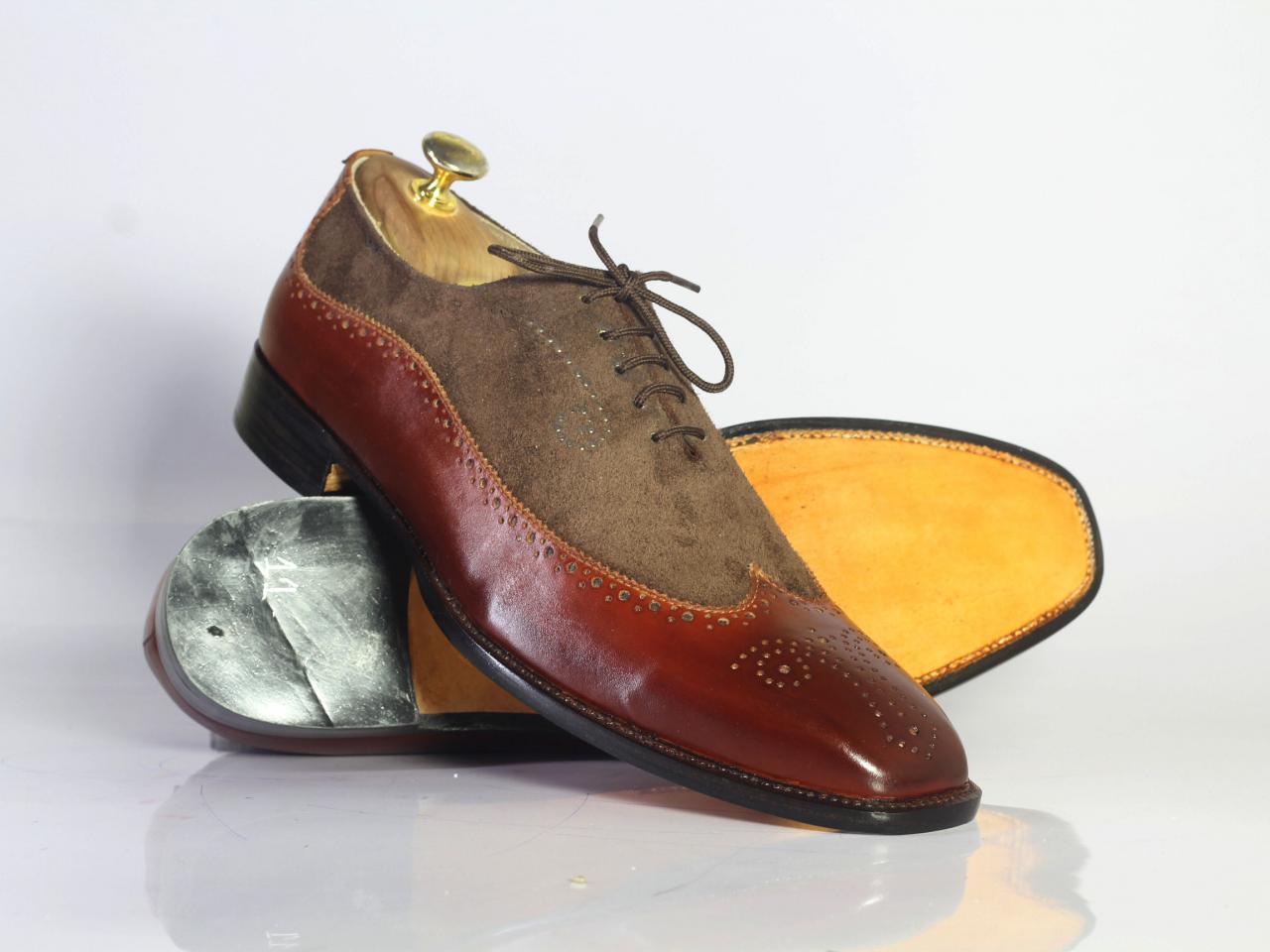 Handmade 2 tone Brown Leather Suede Shoes, Men's Wing Tip Brogue Dress Shoes - theleathersouq