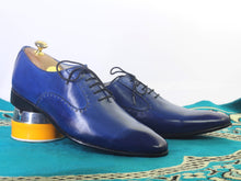 Load image into Gallery viewer, Handmade Men&#39;s Blue Leather Lace up Shoes, Men Stylish Dress Formal Shoes - theleathersouq
