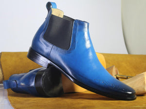 Handmade Men's Half Ankle Blue Boots, Men Chelsea Leather Fashion Stylish Boots - theleathersouq