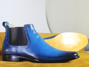 Handmade Men's Half Ankle Blue Boots, Men Chelsea Leather Fashion Stylish Boots - theleathersouq