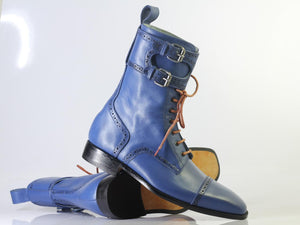 Handmade Men's Blue Cap Toe Ankle High Double Monk Strap Lace Up Leather Boots - theleathersouq