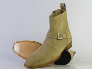 Handmade Men Jodhpurs Beige Suede Shoes, Men Buckle & Zipper Ankle High Boots - theleathersouq