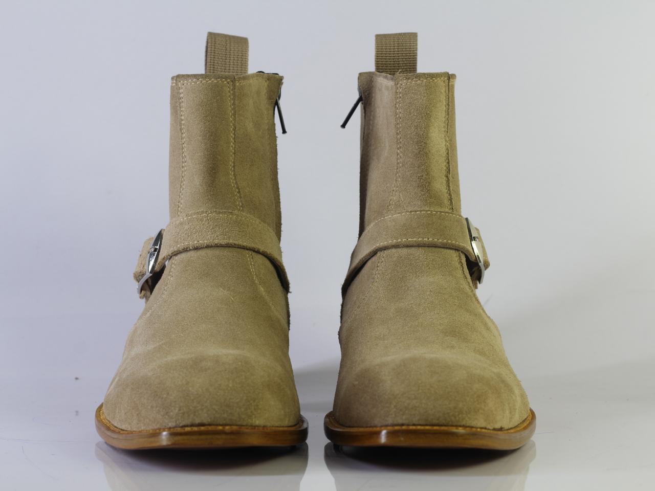 Handmade Men Jodhpurs Beige Suede Shoes, Men Buckle & Zipper Ankle High Boots - theleathersouq