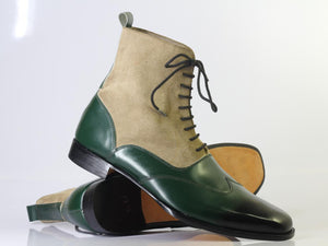 Handmade Men's Green Beige Lace Up Boots, Men Wing Tip Leather Suede Ankle Boots - theleathersouq