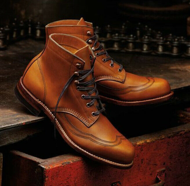 Handmade Men Wingtip Tan Color Ankle Boots, Ankle Leather Boots, Men Long Boots - theleathersouq