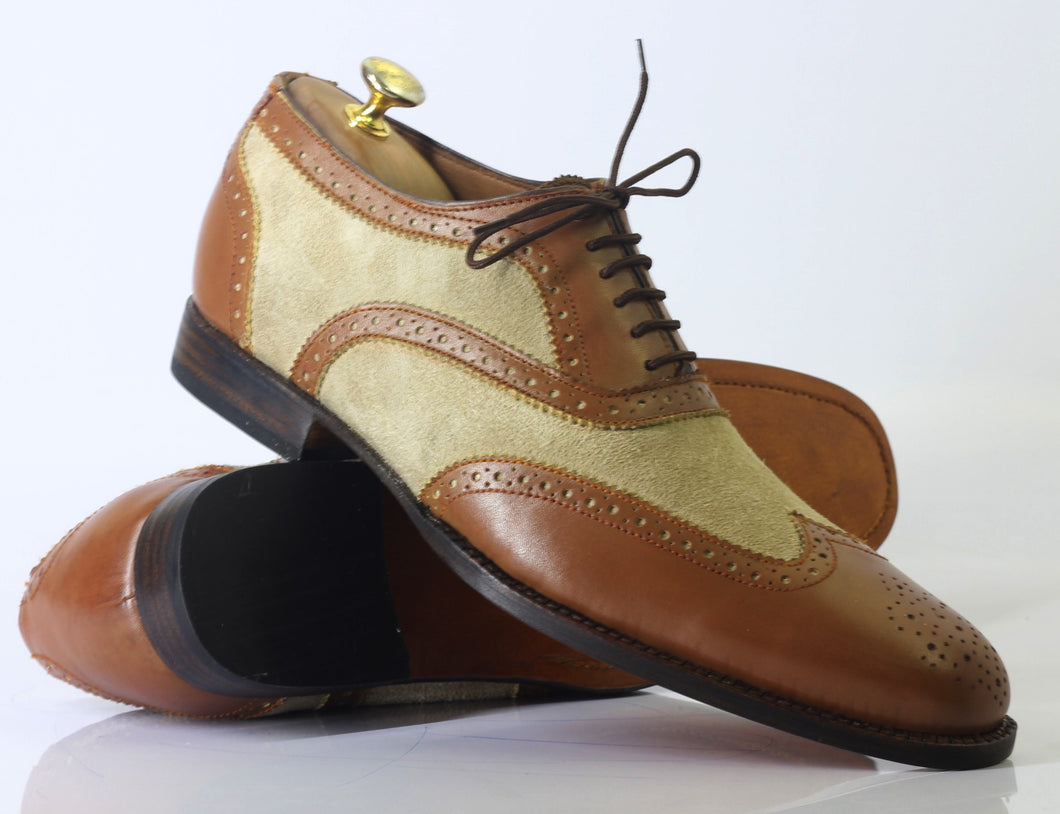 Handmade Men Brown Beige Wing Tip Brogue Shoes, Men Leather Suede Lace Up Shoes - theleathersouq