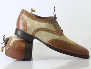 Handmade Men Brown Beige Wing Tip Brogue Shoes, Men Leather Suede Lace Up Shoes - theleathersouq