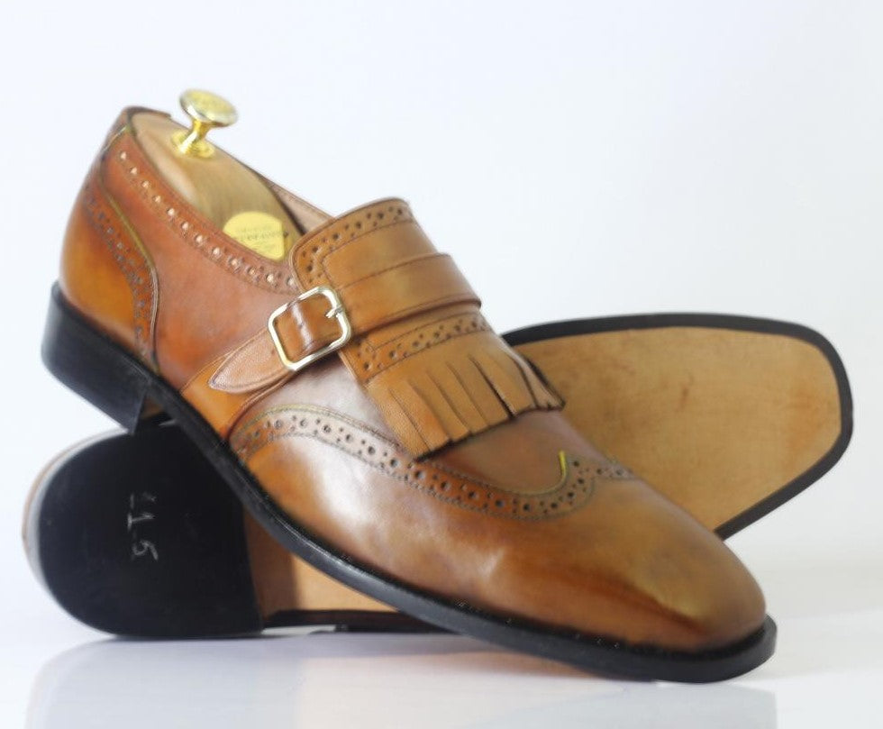 Handmade Men's Brown Fringe Monk Straps Leather Shoes, Men Wing Tip Dress Shoes - theleathersouq
