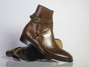 Handmade Men's Ankle High Brown Leather Boots, Men Designer Jodhpurs Boots - theleathersouq