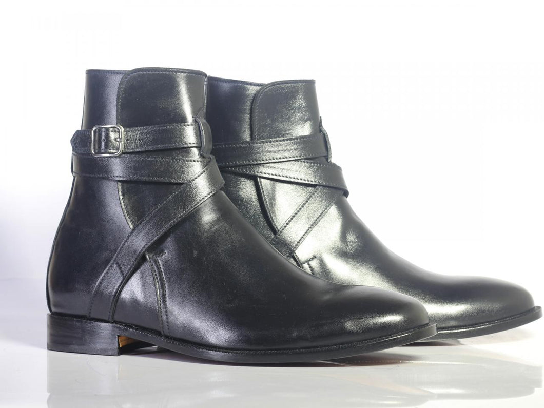Handmade Men's Ankle High Black Leather Boots, Men Designer Jodhpurs Boots - theleathersouq