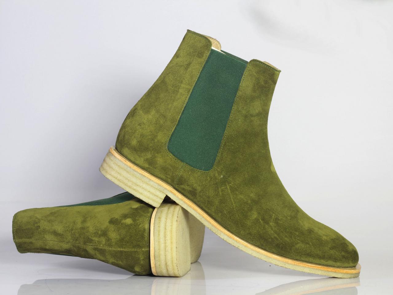Handmade Men Olive Green Suede Chelsea Boots, Men Fashion Designer Boots - theleathersouq