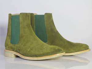 Handmade Men Olive Green Suede Chelsea Boots, Men Fashion Designer Boots - theleathersouq