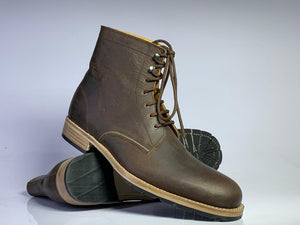Handmade Men Ankle High Chocolate Brown Leather Boots, Men Lace Up Casual Boots - theleathersouq