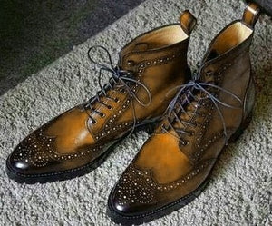 Handmade Men's Ankle High Brown Leather Shoes, Men Wing Tip Brogue Lace Up Boots - theleathersouq