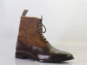 Handmade Men's Ankle High Brown Cap Toe Boots, Men Leather Suede Lace Up Boots - theleathersouq