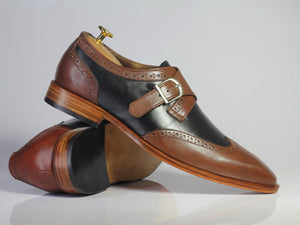 Handmade Men's Brown Black Wing Tip Leather Shoes, Men Monk Strap Dress Shoes - theleathersouq