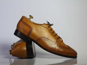 Handmade Men's Tan Leather Lace Up Shoes, Men Wing Tip Dress Fashion Shoes - theleathersouq