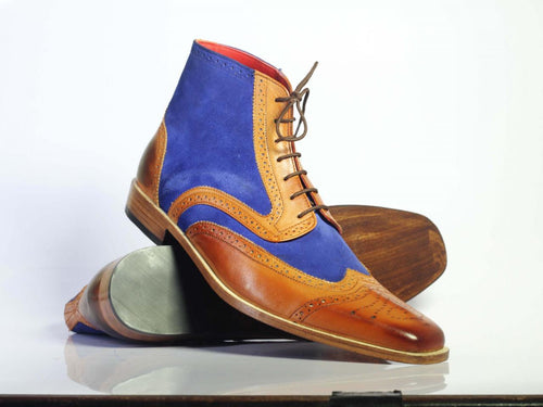 Handmade Men's Ankle high Blue Brown Leather & Suede Boots, Men Designer Boots - theleathersouq