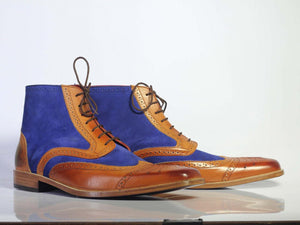 Handmade Men's Ankle high Blue Brown Leather & Suede Boots, Men Designer Boots - theleathersouq