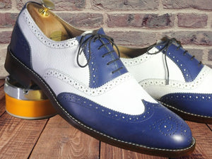 Handmade Men Blue White Wing Tip Brogue Shoes, Men Leather Lace Up Dress Shoes - theleathersouq