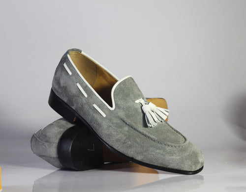 Handmade Men's Gray Tussles Loafer Shoes, Men Stylish Suede Dress Formal Shoes - theleathersouq
