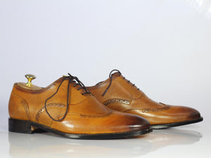 Handmade Men's Tan Leather Wing Tip Shoes, Men Lace Up Dress Formal Shoes - theleathersouq
